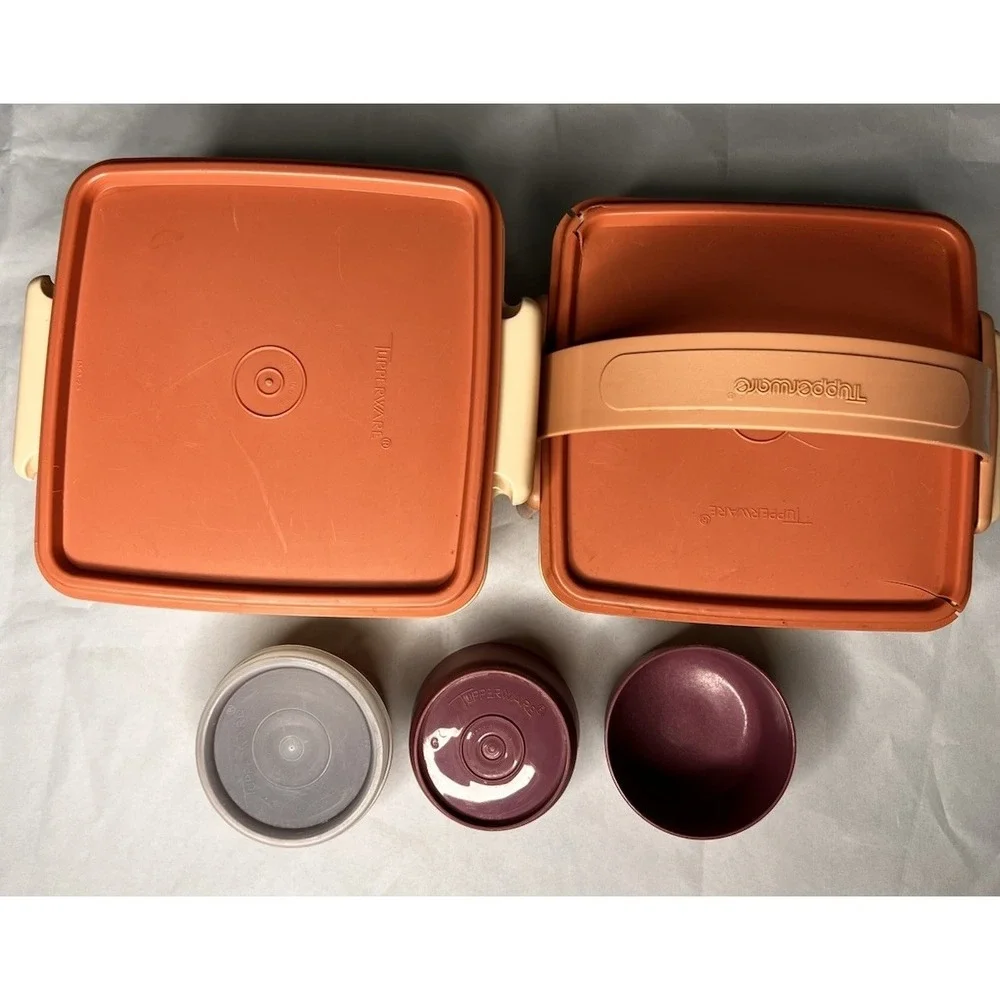 Vintage Tupperware Lunch Set‎ Carrier Container Lot Orange Beige Snack Cups